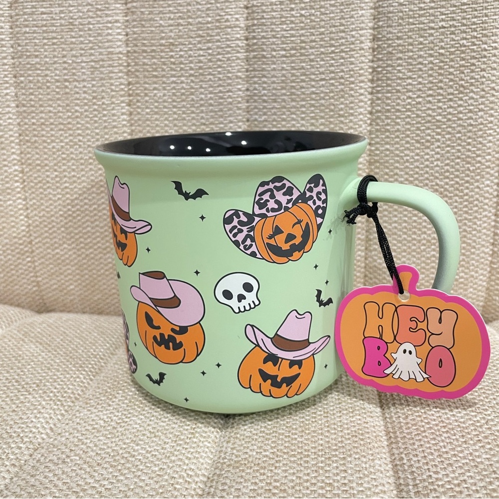 NEW Mint Green Halloween Cowboy Hat Pumpkin Ceramic Mug Hey‎ Boo Spooky Western